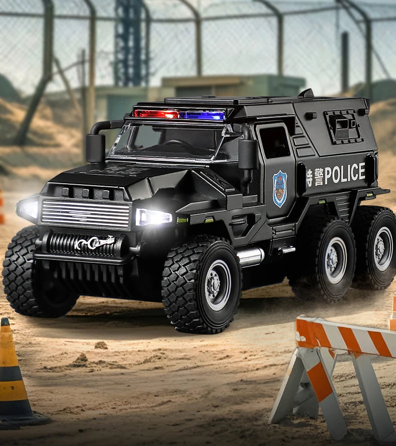 A black SWAT City Police truck diecast toy with lights and sounds parked on a dusty ground.