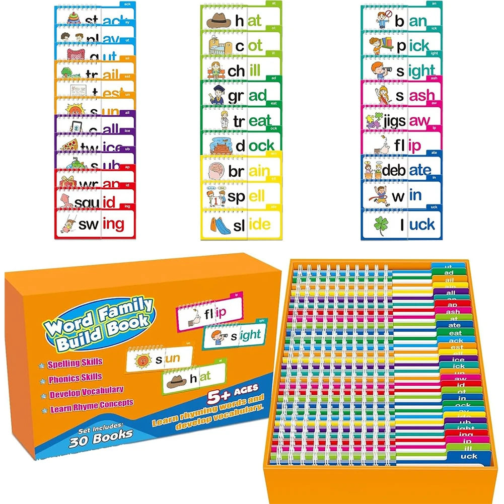 A box of Phonics Flip Book and Sight Word Flash Cards for early readers featuring colorful books and cards.