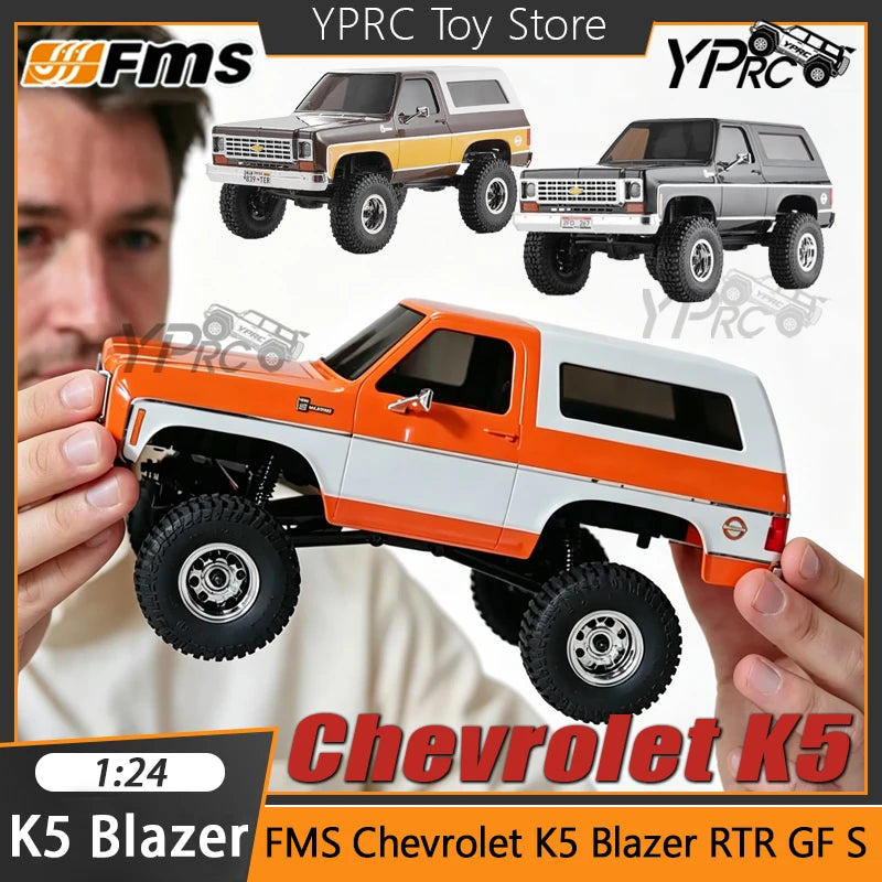 A 1:24 scale Chevrolet K5 Blazer RC crawler is shown alongside a full-size truck and promotional graphics.