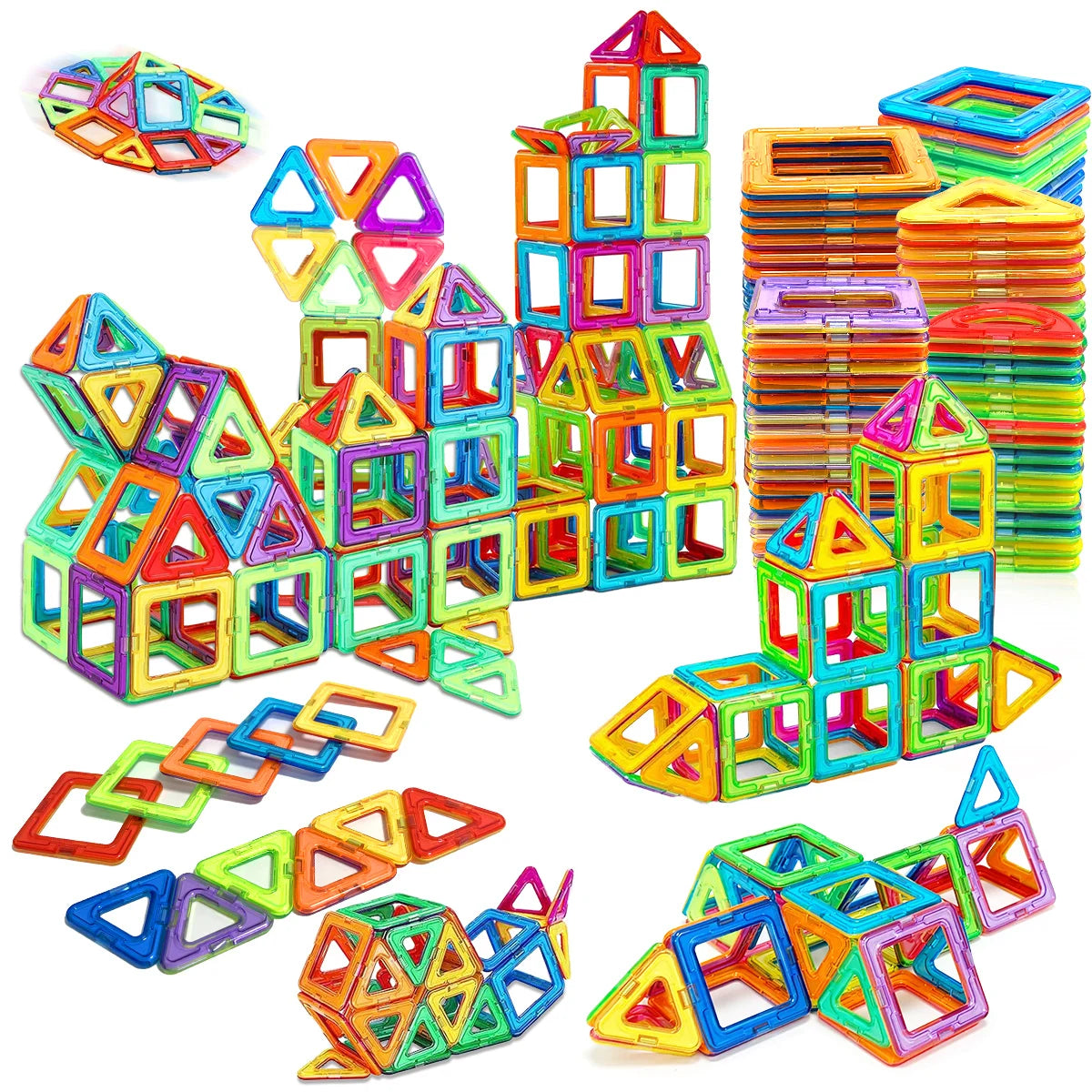 A colorful set of magnetic building blocks used for STEM learning and construction toys.