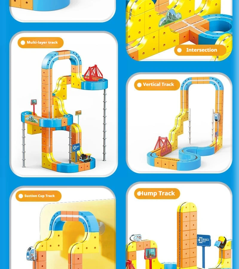 A collection of magnetic anti-gravity train building sets featuring multi-layer, vertical, and hump tracks.