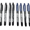 A pack of six black permanent fine-tip markers with blue ink cartridges displayed in a row.