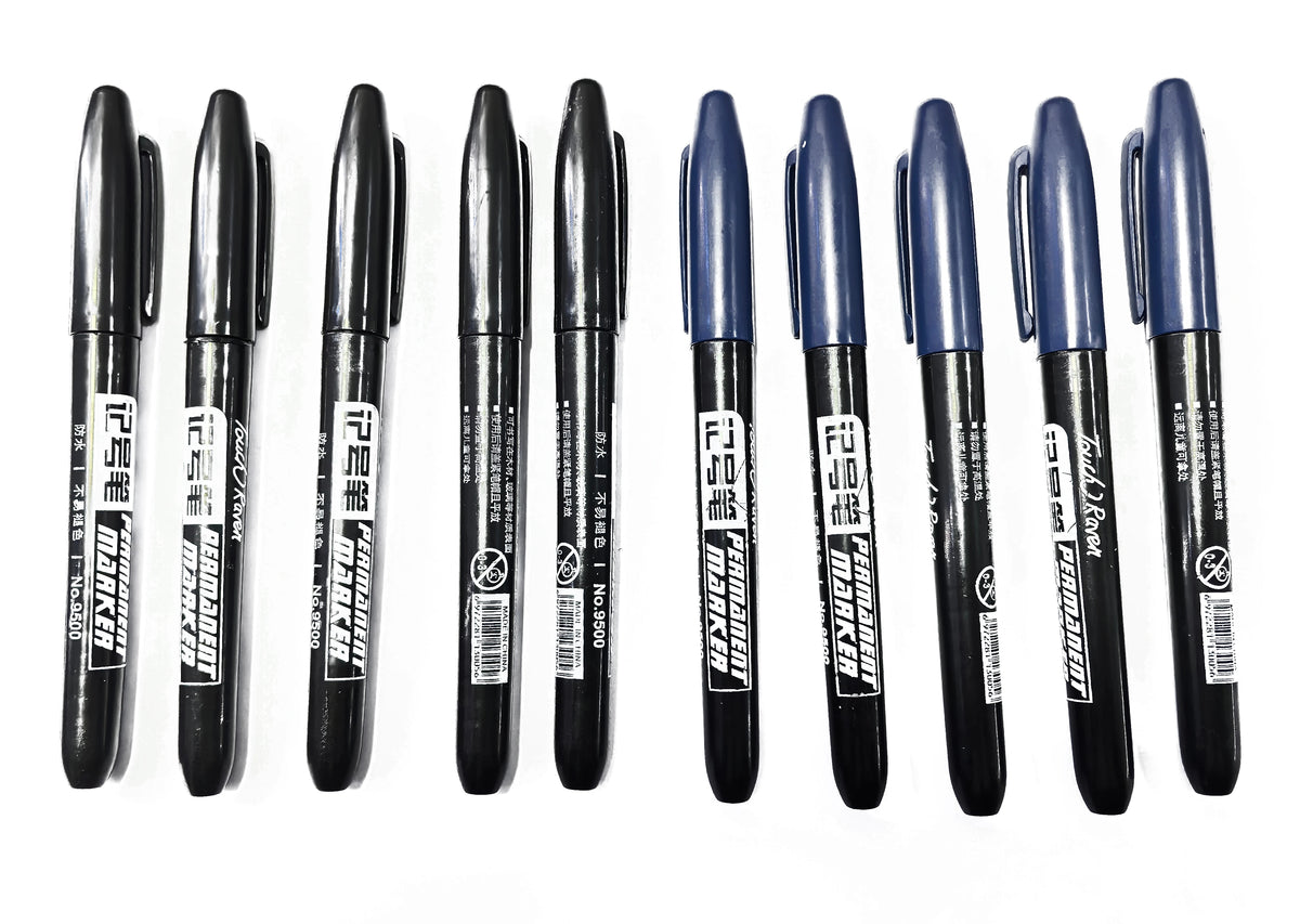 A pack of six black permanent fine-tip markers with blue ink cartridges displayed in a row.