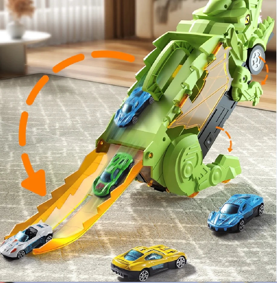 A green T-Rex dinosaur toy with sliding tracks and storage compartments, featuring blue and yellow cars.