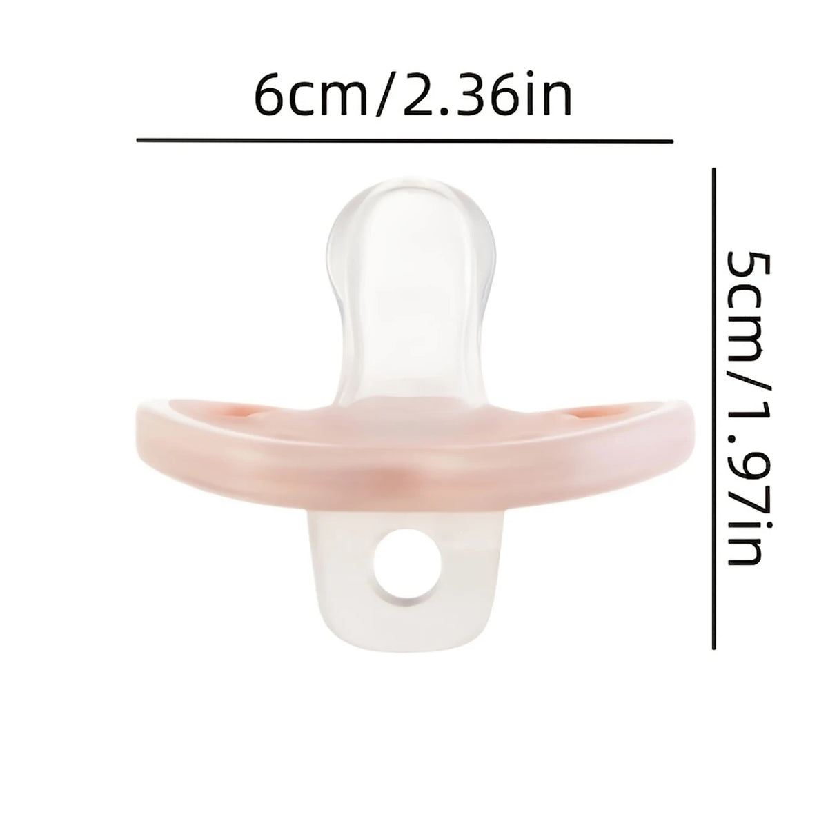 A soft pink silicone baby pacifier with a rounded top and a central hole.