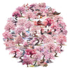 Watercolor painting of a dense forest of pink cherry blossoms and traditional Chinese architecture.