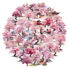 Watercolor painting of a dense forest of pink cherry blossoms and traditional Chinese architecture.