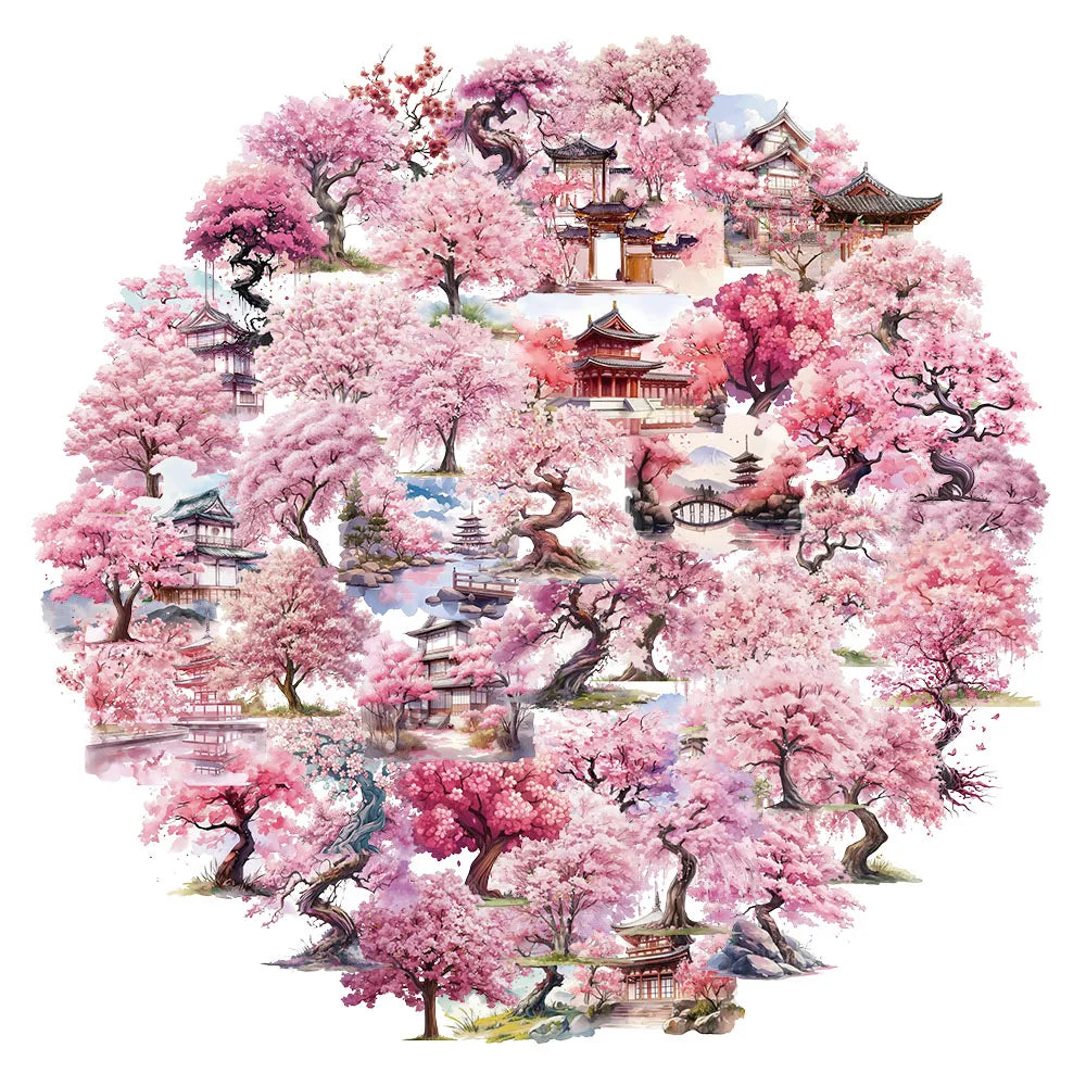 Watercolor painting of a dense forest of pink cherry blossoms and traditional Chinese architecture.