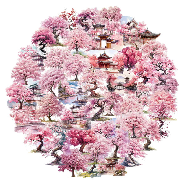 Watercolor painting of a dense forest of pink cherry blossoms and traditional Chinese architecture.