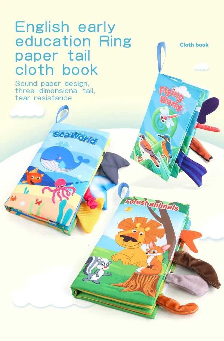 A set of English early education ring paper tail cloth books featuring sea, forest, and flying world animals.