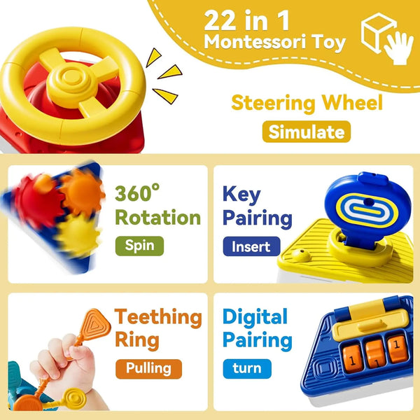 A set of 22 Montessori toys including a steering wheel, a 360 degree spinning toy, a teething ring, and digital pairing toys.