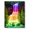 A vibrant diamond painting depicting a waterfall cascading over mossy rocks surrounded by lush green forest trees.