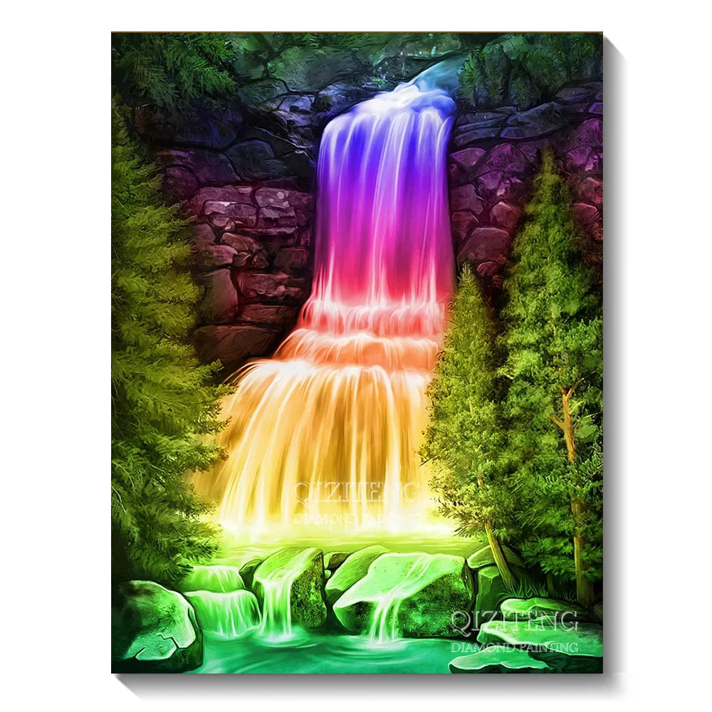 A vibrant diamond painting depicting a waterfall cascading over mossy rocks surrounded by lush green forest trees.