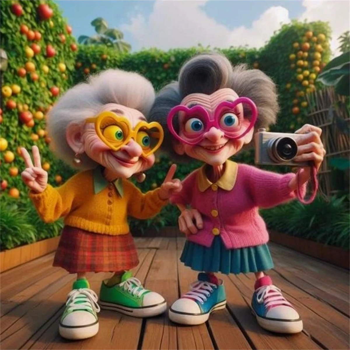 Two elderly women in colorful clothing pose outdoors while holding a camera.
