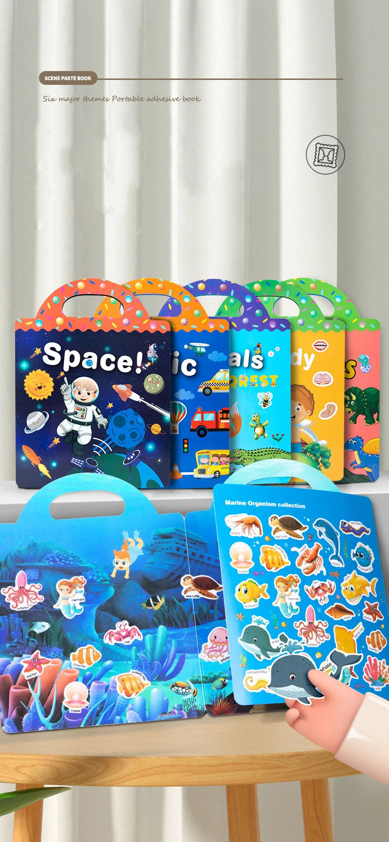 A hand holds an open reusable cartoon sticker book featuring marine organisms and space themes.