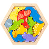 A wooden 3D jigsaw puzzle featuring colorful dinosaur shapes for children's early learning.