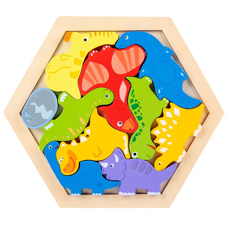 A wooden 3D jigsaw puzzle featuring colorful dinosaur shapes for children's early learning.