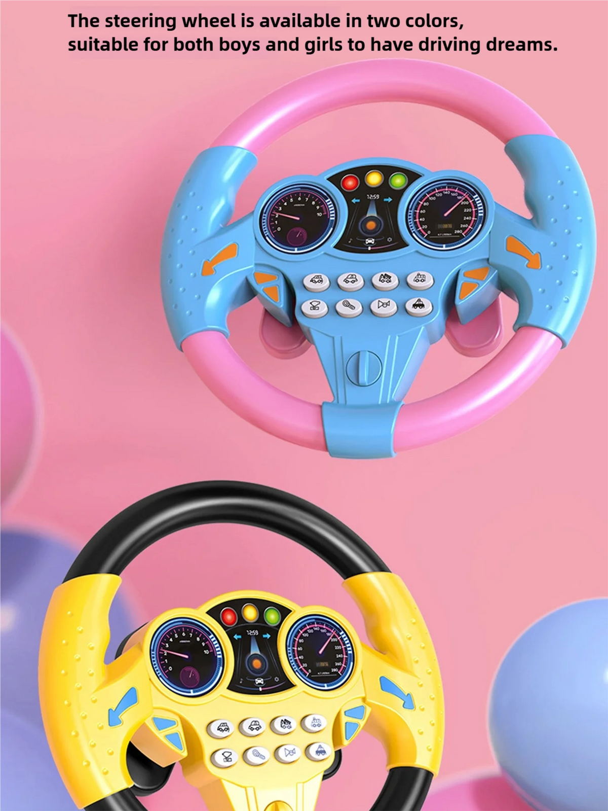 Un volant rose et un volant jaune, parfaits pour les rêves de conduite des garçons et des filles.