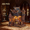 A detailed wooden miniature house kit of an illuminated owl post office with furniture, featuring two modes for light and mot