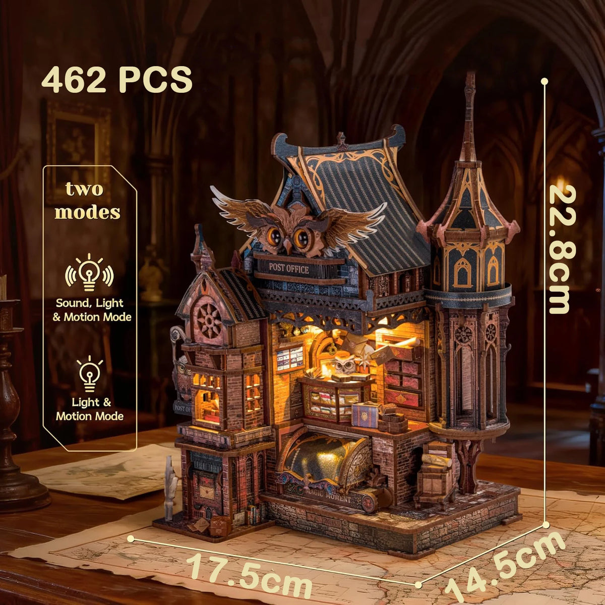 A detailed wooden miniature house kit of an illuminated owl post office with furniture, featuring two modes for light and mot