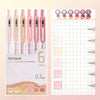 A set of six retractable gel pens with 0.7mm tips in various colors, including pinks and yellows, displayed next to a grid fo