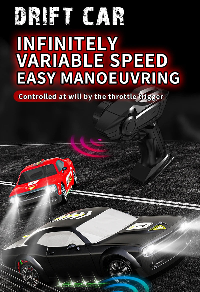 A red drift RC car is shown in action on a track, with another black car visible nearby.