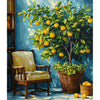 A vibrant painting of a lemon tree in a pot, set against a blue background.