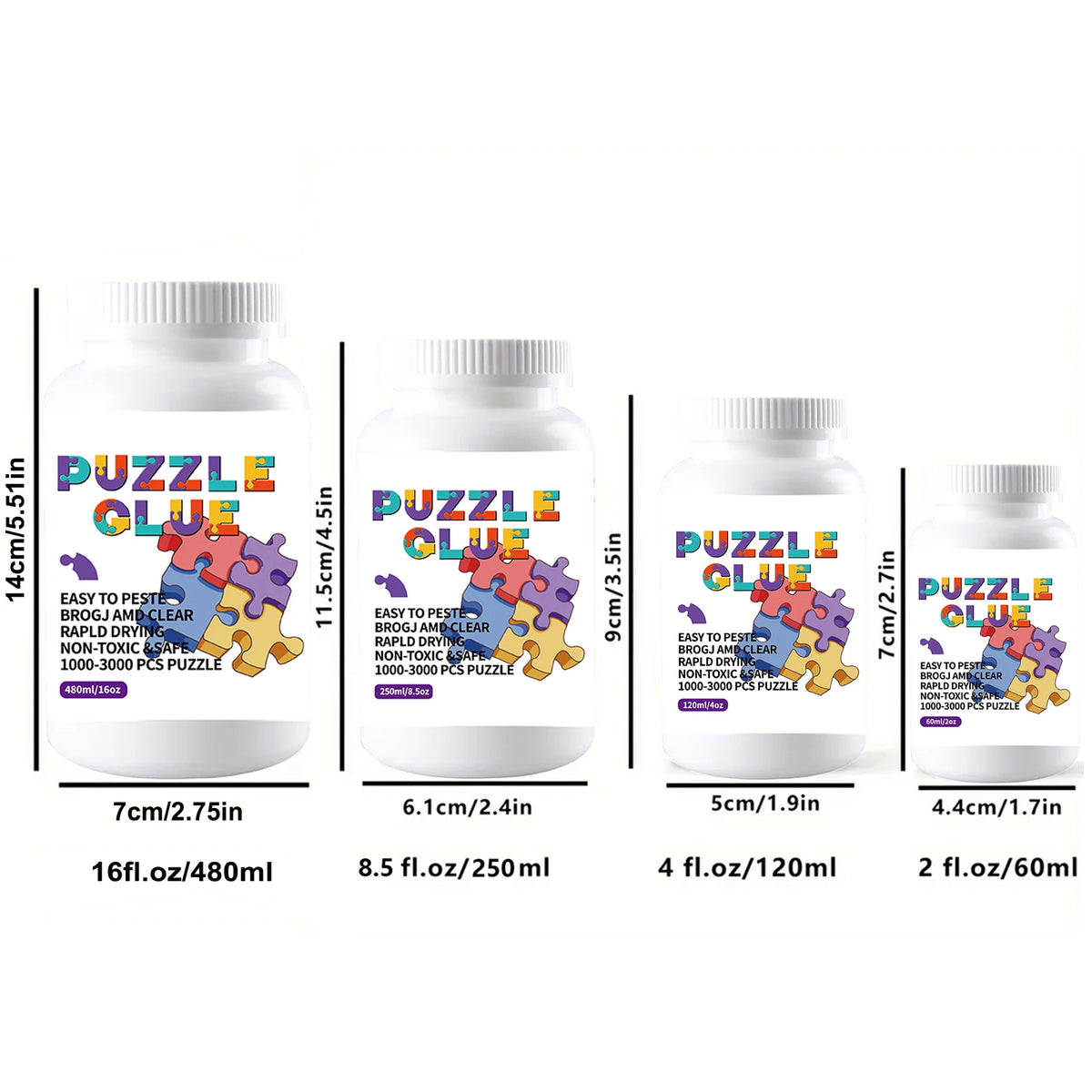 Various sizes of clear puzzle preserving glue bottles with volume measurements