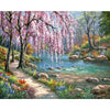 A painting of a pink cherry blossom tree over a flowing stream and rocks.