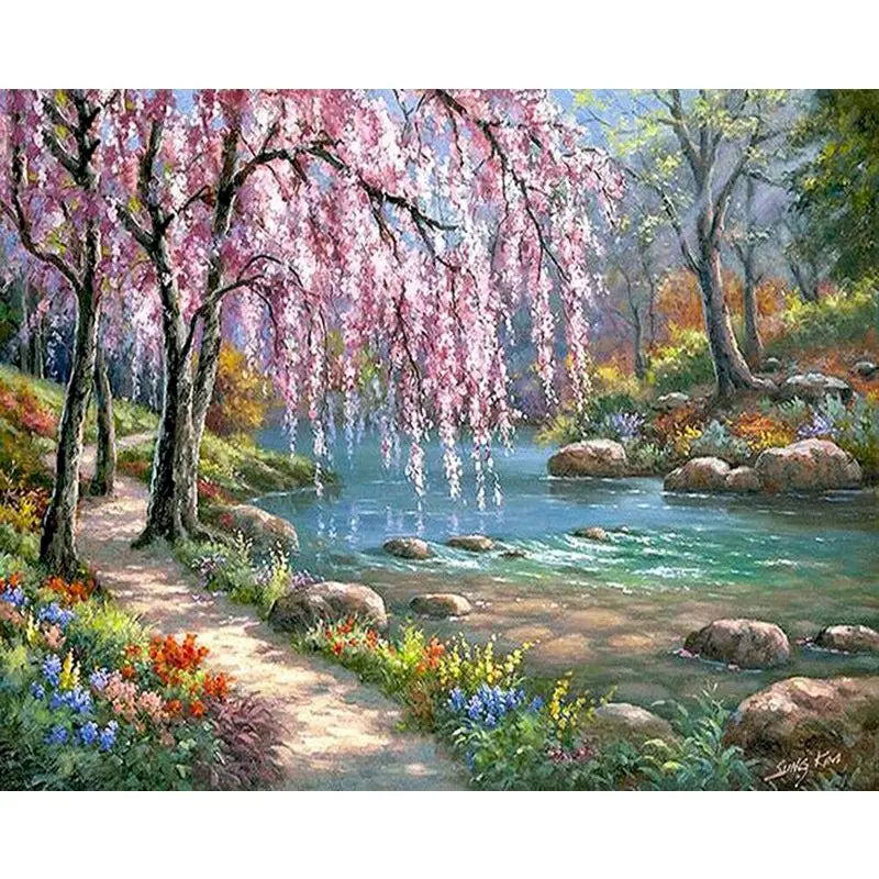 A painting of a pink cherry blossom tree over a flowing stream and rocks.