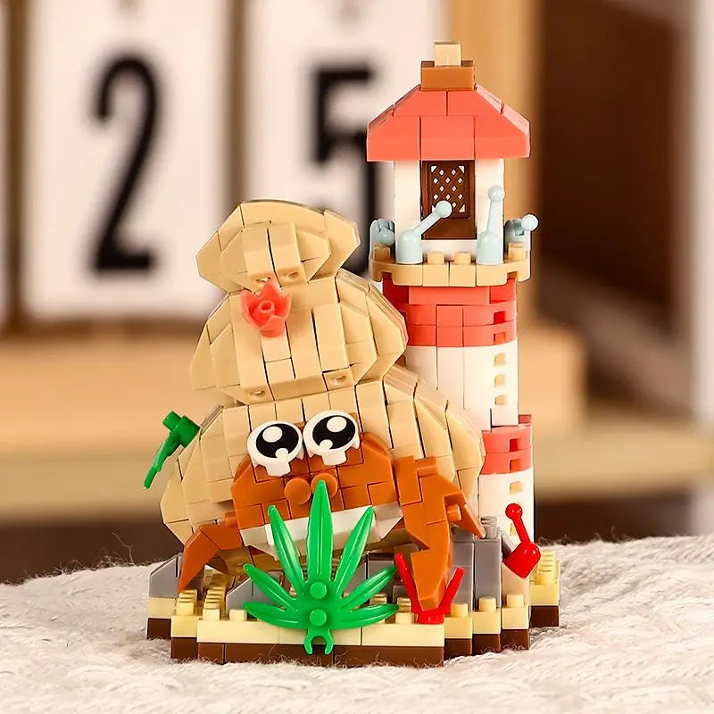 Ocean Animal Building Blocks set featuring a shark, crab, and clownfish figures built from wooden blocks.