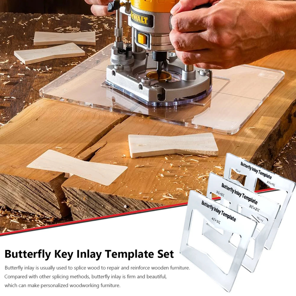 A hand uses a router to cut a butterfly inlay template into a piece of wood for woodworking.