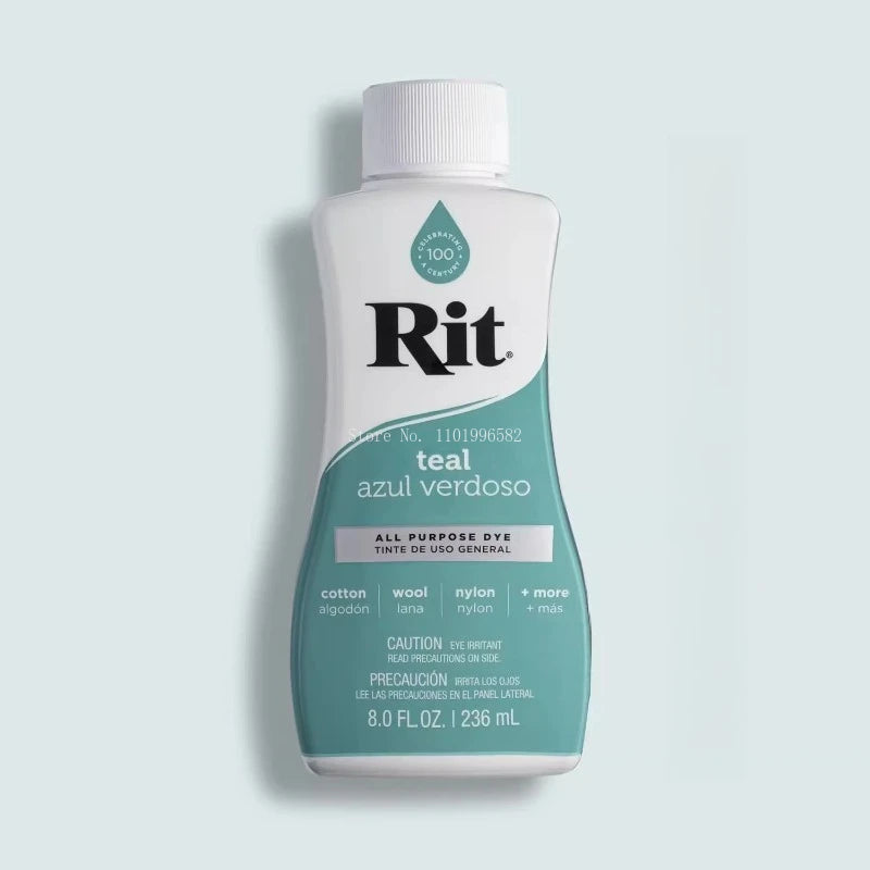 White bottle of Rit All Purpose Dye in teal color with a white cap and label