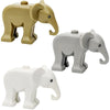Three elephant-shaped building blocks in beige, gray, and white.