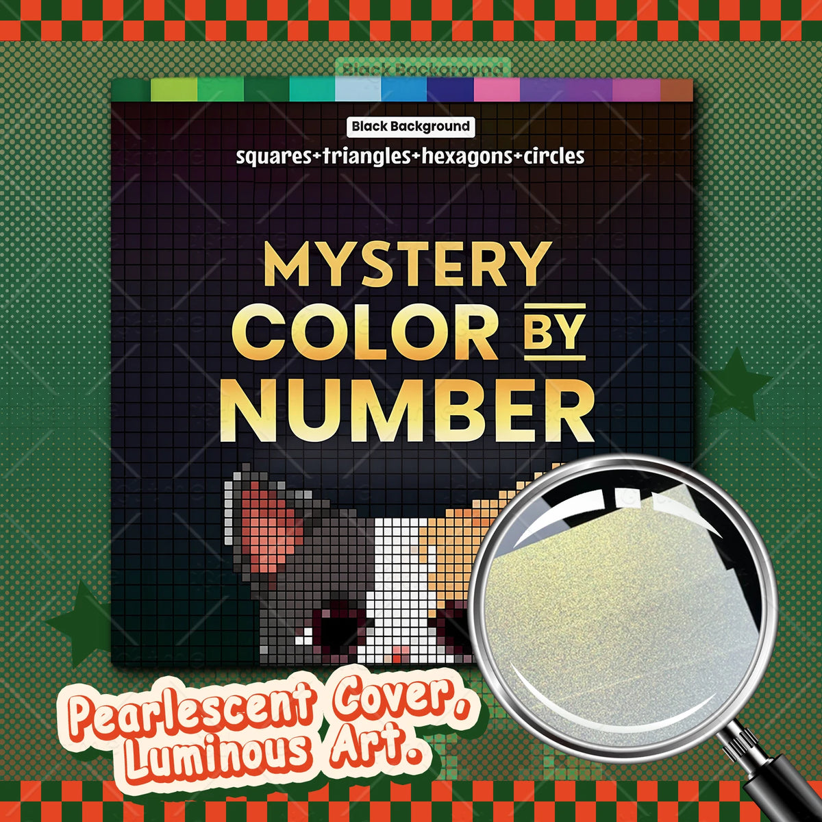 Cover of a mystery color by number coloring book featuring pixel art of a cat and various geometric shapes
