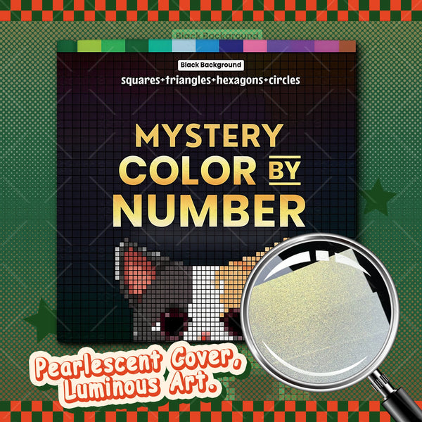 Cover of a mystery color by number coloring book featuring pixel art of a cat and various geometric shapes