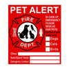 A red and black alert sign titled PET ALERT with sections for Dogs, Cats, Birds, and other emergency contact information.