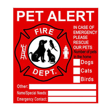 A red and black alert sign titled PET ALERT with sections for Dogs, Cats, Birds, and other emergency contact information.