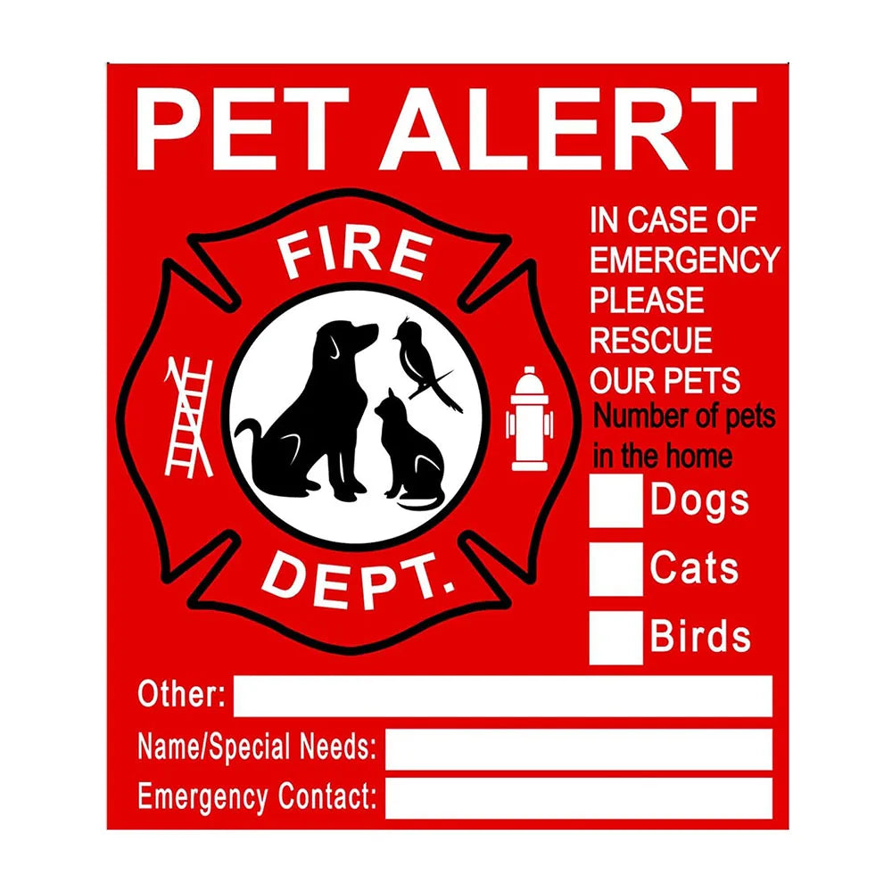 A red and black alert sign titled PET ALERT with sections for Dogs, Cats, Birds, and other emergency contact information.