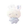 A white plush bunny with light blue accents and a matching checkered bow