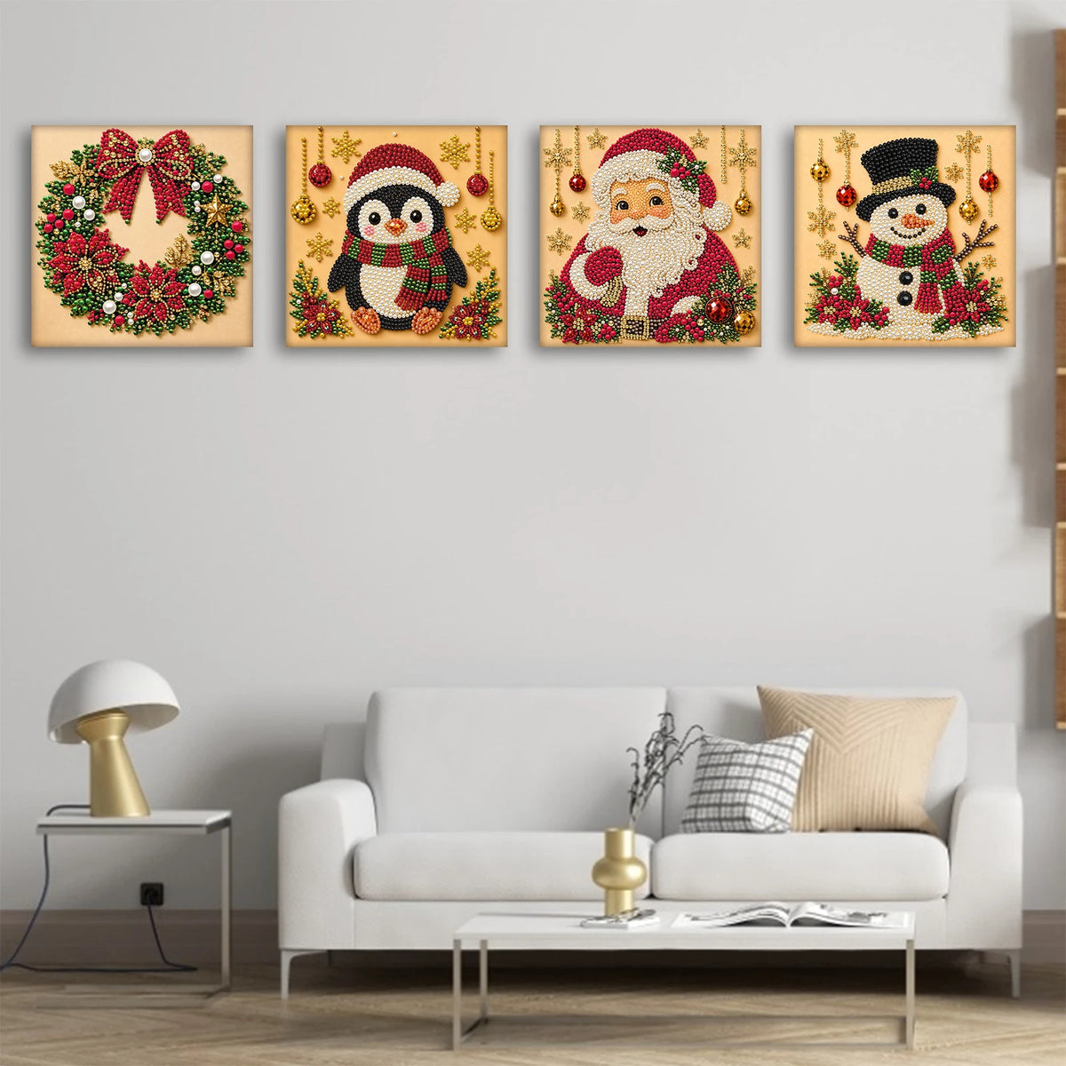 Three framed diamond painting artworks featuring festive Christmas characters like a reindeer, an owl, and Santa