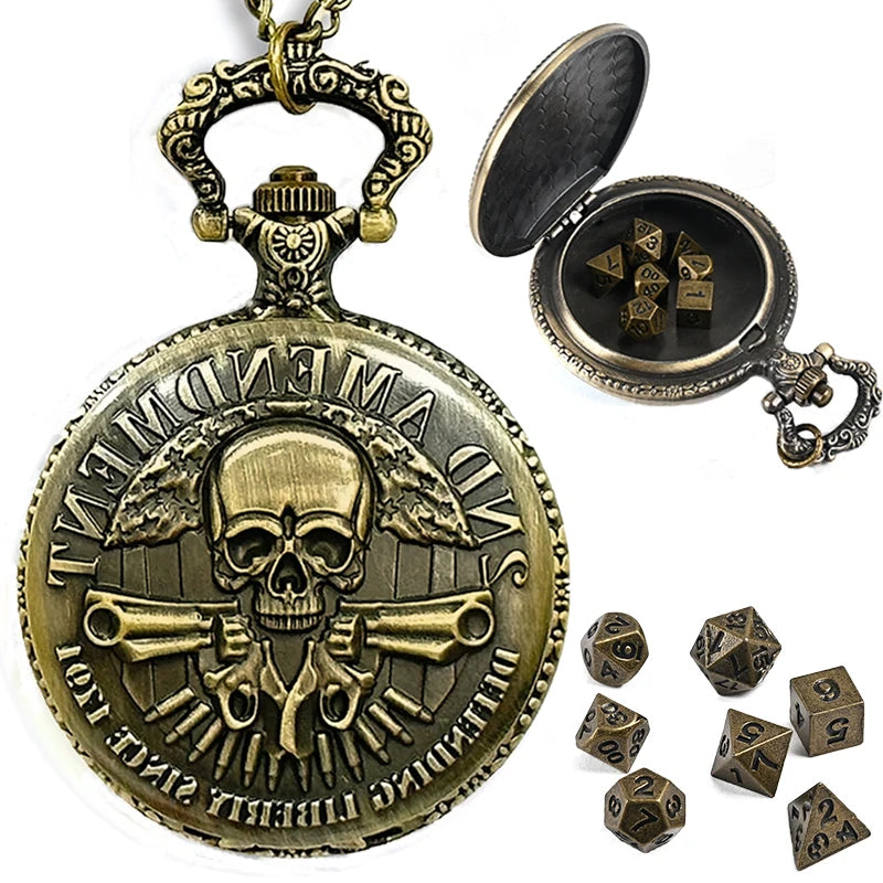 Vintage Metal Polyhedral Dice Set with Pocket Watch Case