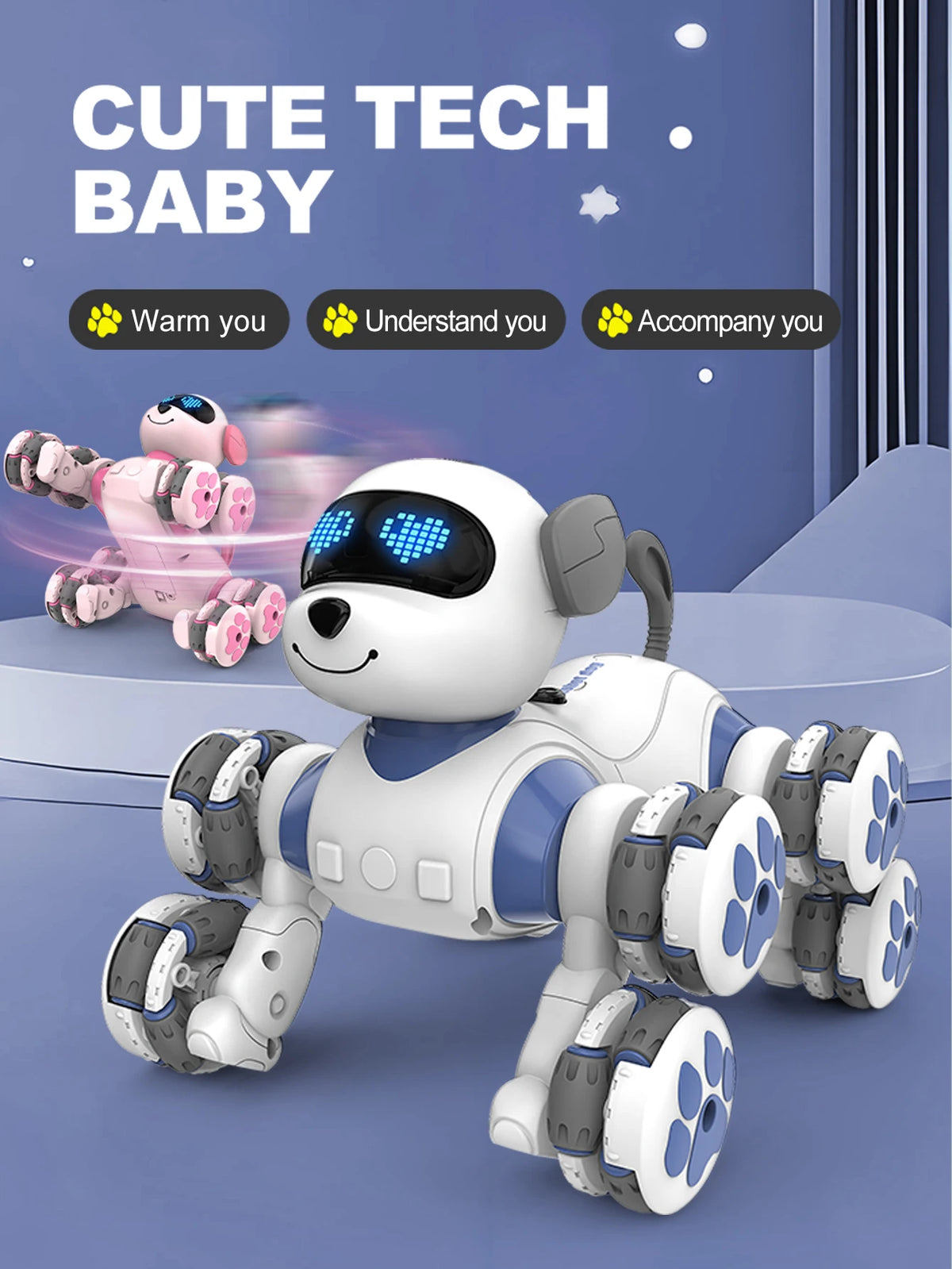 A white and blue robot dog with eight wheels is shown on a light purple surface.