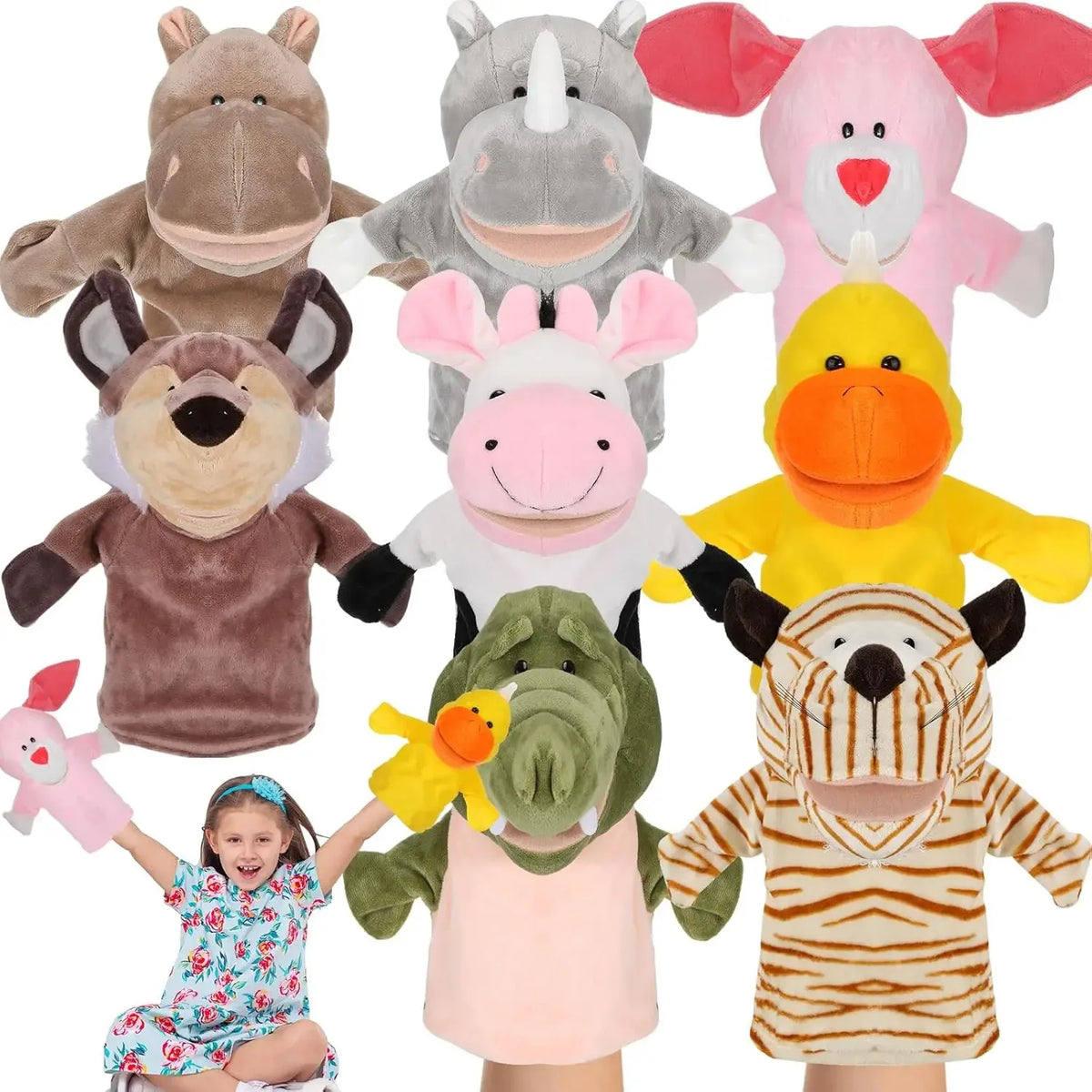 A set of soft plush animal hand puppets including a brown bear, gray rhino, pink elephant, yellow duck, and a tiger.