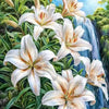 A painting of white and orange lily flowers cascading over rocks with a waterfall background.