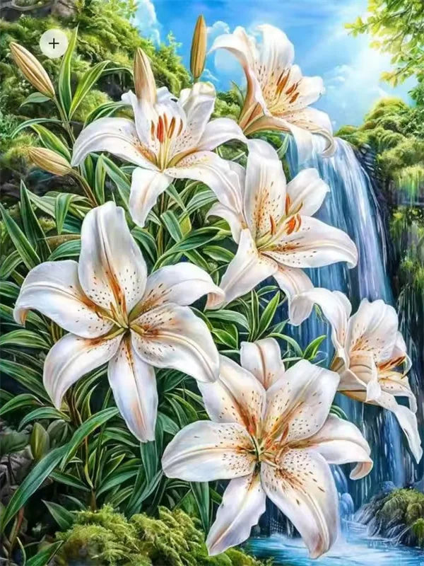 A painting of white and orange lily flowers cascading over rocks with a waterfall background.