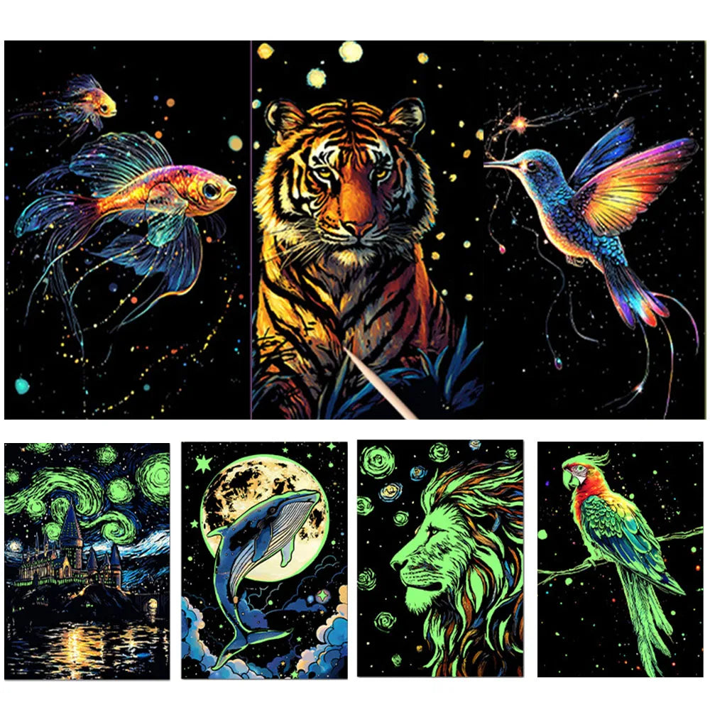 A collection of glow-in-the-dark scratch art featuring animals like a tiger, bird, fish, and lion.