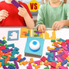 A wooden tangram puzzle game is shown with pieces scattered on a table next to children playing.