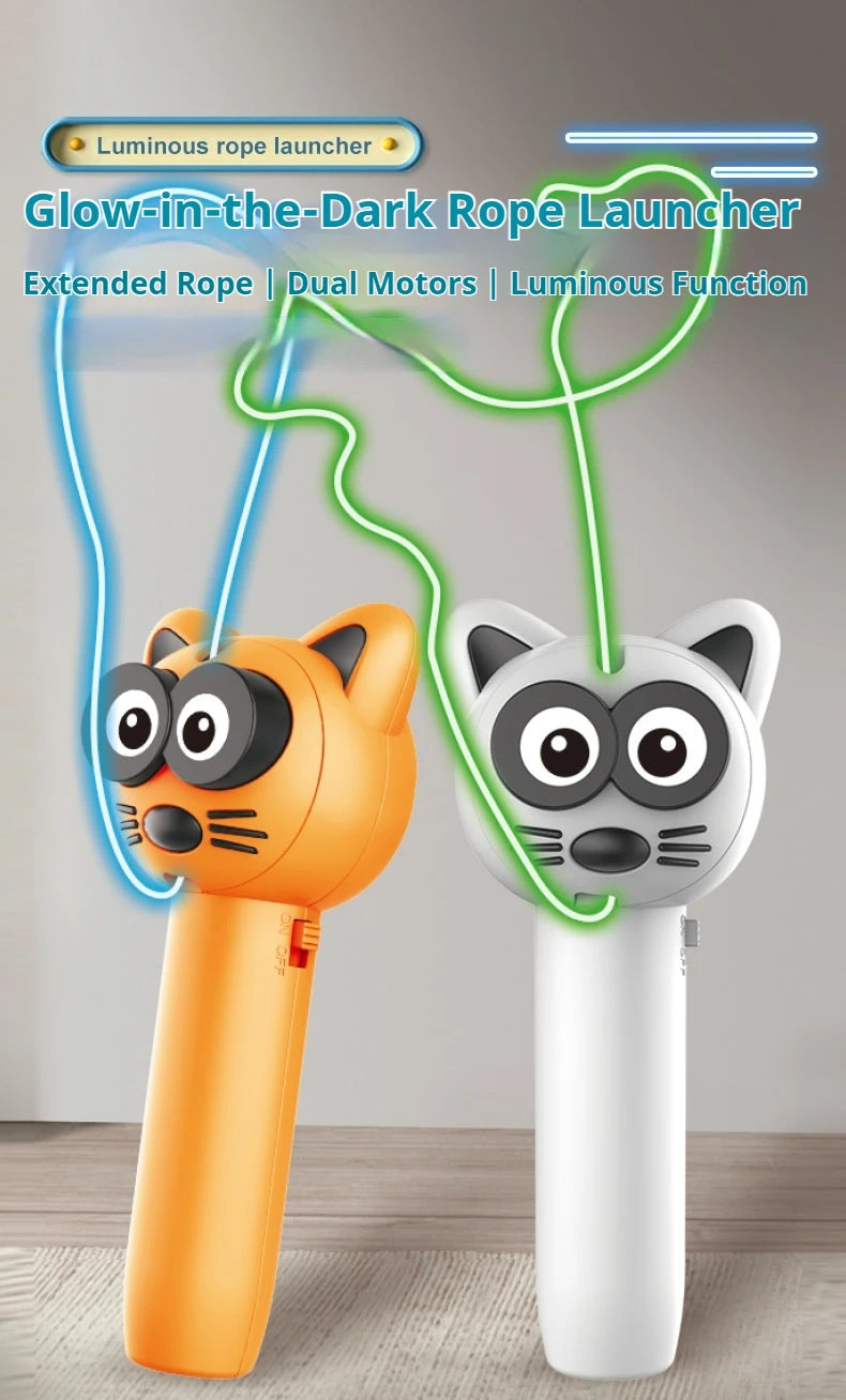 An orange cat toy and a white cat toy are shown, demonstrating the glow-in-the-dark rope launcher function.