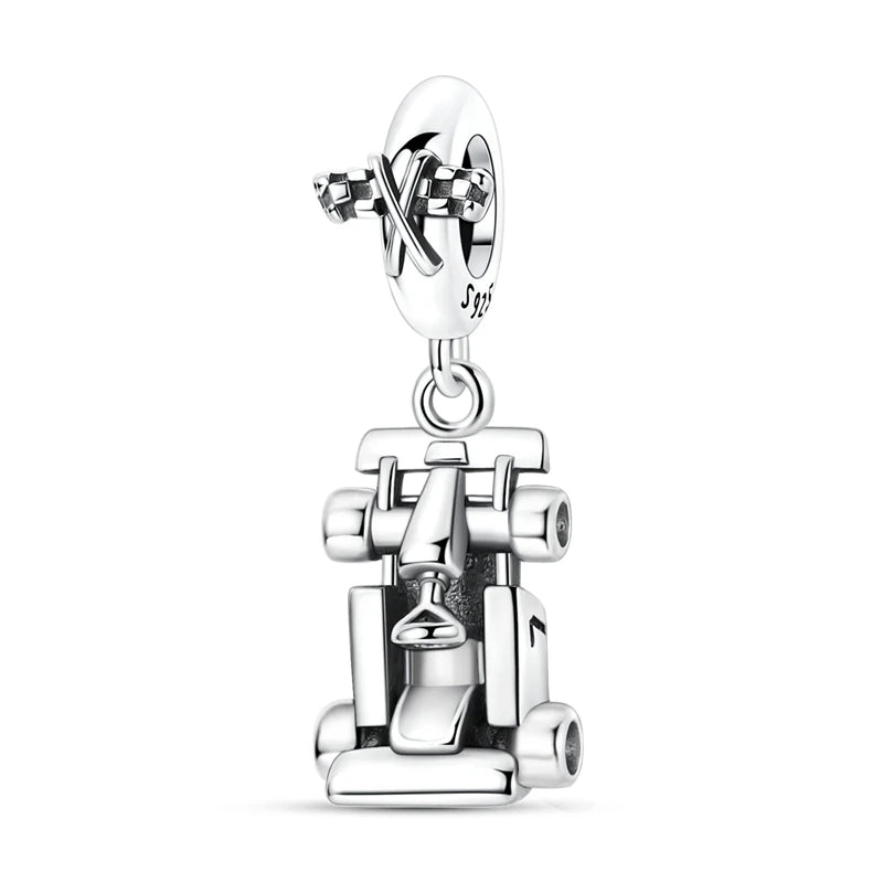 Sterling silver charm bead pendant featuring a car, key, and other charms.